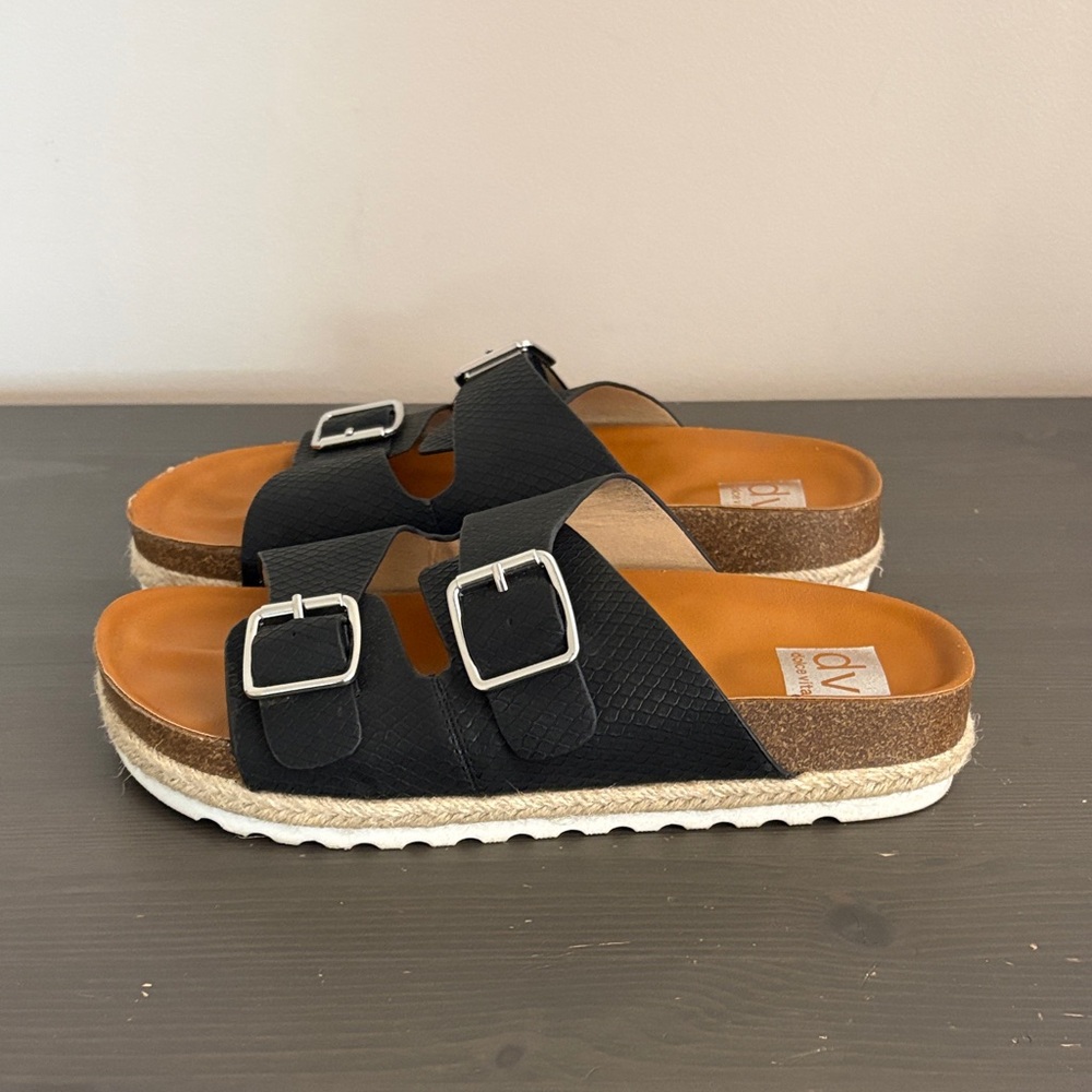 DV Dolce Vita Carther Espadrille Footbed Sandals Slip On Double Buckle Black 10